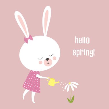 sevimli tavşan ve Merhaba yazı, karikatür tarzı, huni dökme çiçekli pembe üzerinde izole komik tavşan posterdeki bahar bahar ile vektör kartı