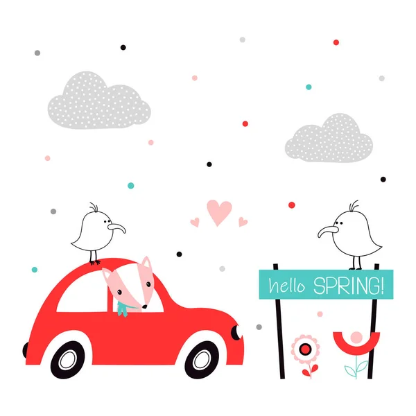 Cartão Raposa Carro Vermelho Nuvens Flores Pássaros Corações Placa Com Gráficos Vetores