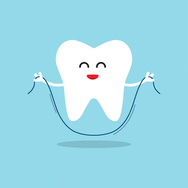 Dente Feliz Com Fio Dental Higiene Oral Escovação Dos Dentes — Vetor de Stock
