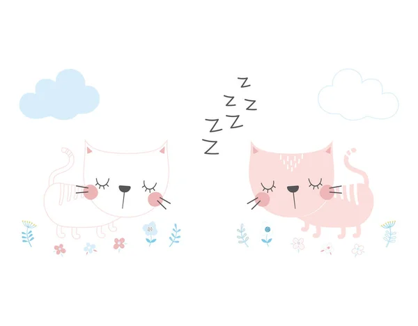 Lindos Gatos Dormidos Aislados Blanco Animales Divertidos Personajes Dibujos Animados — Vector de stock