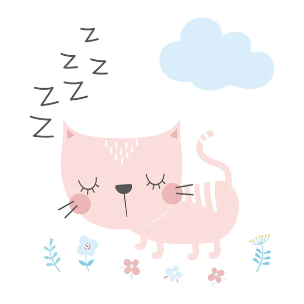 Gato Dormido Lindo Aislado Blanco Animal Divertido Personajes Dibujos Animados — Vector de stock