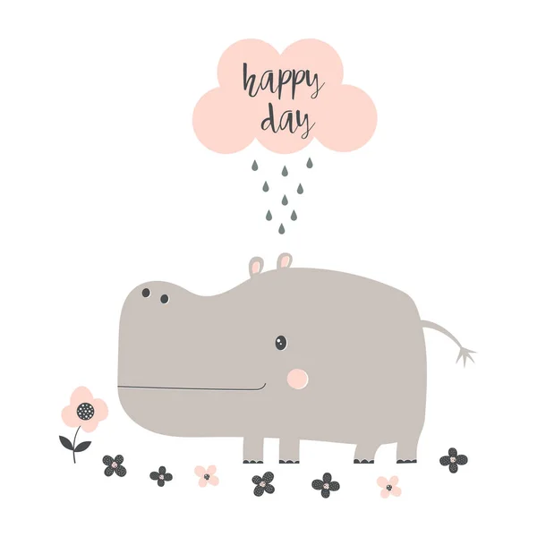 Cute Cartoon Hippo Isolated White Background Card Funny Animal Cloud — Stock Vector