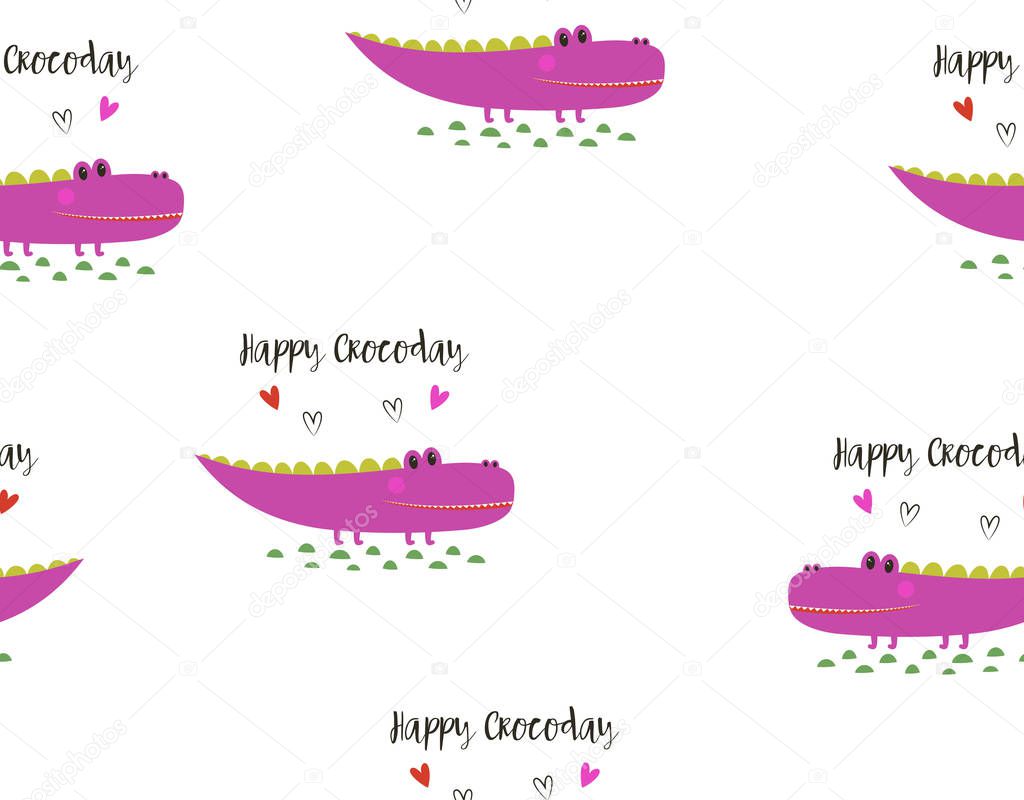 pattern with cute cartoon crocodile isolated on white background, wallpaper with funny animal, hearts and lettering happy crocoday, print in scandinavian style
