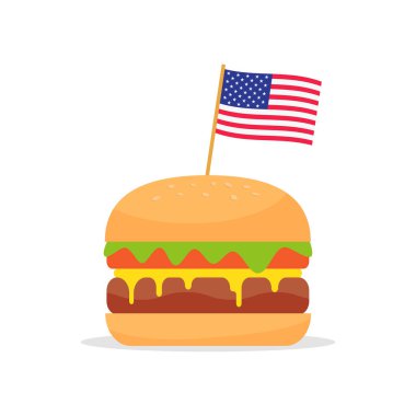 Amerikan bayrağı ve hamburger ile fast food banner. ABD Bağımsızlık günü. Vektör çizim