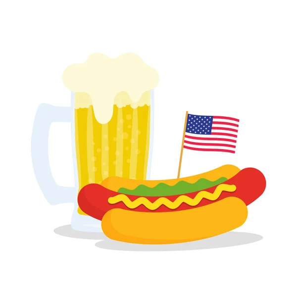 Fast food banner with American flag and hot dog with beer. USA Independence Day. Vector illustration