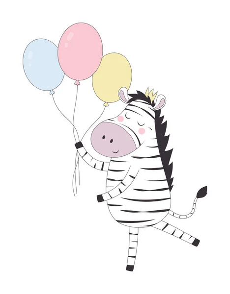 Illustrazione Vettoriale Disegnata Mano Simpatica Zebra Divertente Corona Con Palloncini — Vettoriale Stock