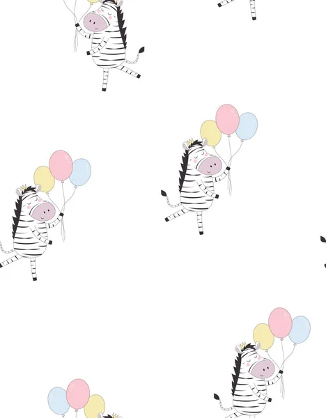 風船クラウンでかわいい面白いシマウマの手描きベクトル パターン 動物の分離 スカンジナビア スタイル フラット デザイン 印刷の子供のための概念 休日の壁紙 — ストックベクタ