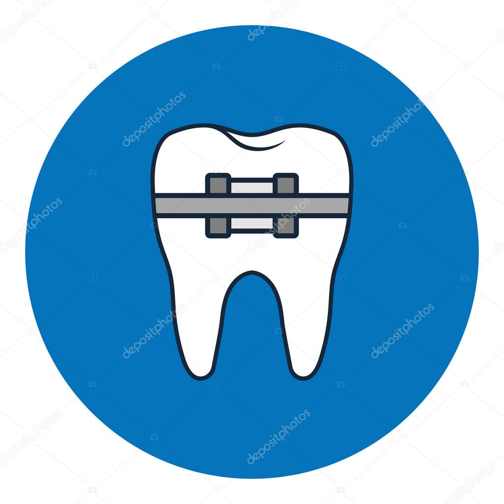 Tooth with metal braces or bracket system. Tooth Cure Orthodontics. Dental icon. Vector Illustration