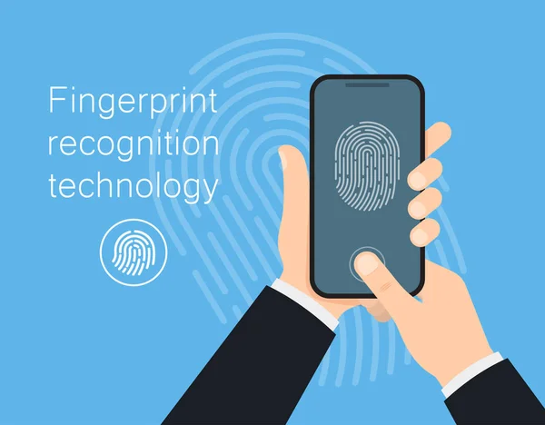 Концепція Біометричної Ідентифікації Рука Людини Тримає Гаджет Технологією Біометричного Сканування — стоковий вектор