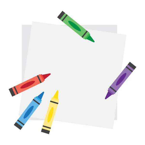 Top veiw notebook paper sheet with color crayons — Stock Vector