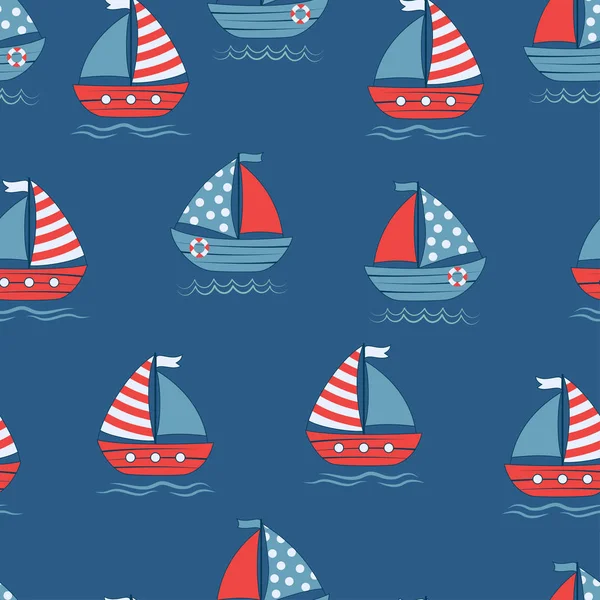 Seamless pattern with cartoon boats on blue background — Stock Vector