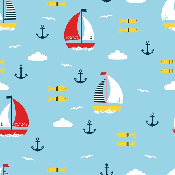 Seamless pattern with cartoon boats — Stock Vector