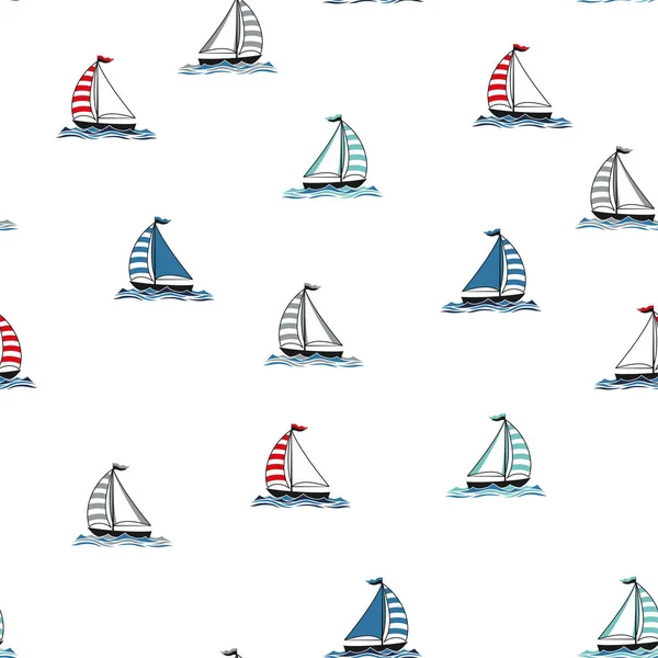 Marina sömlösa mönster tecknad båtar — Stock vektor
