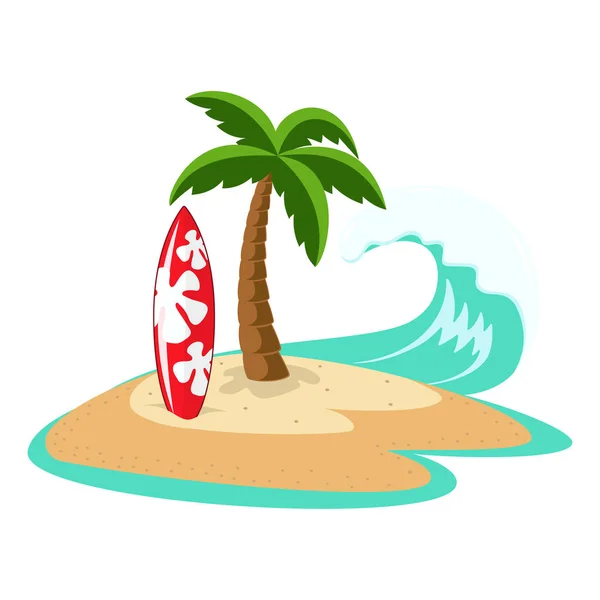 Isla con palmera y tabla de surf — Vector de stock