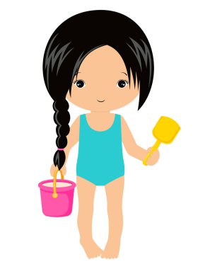 kova kum ile sevimli küçük kız