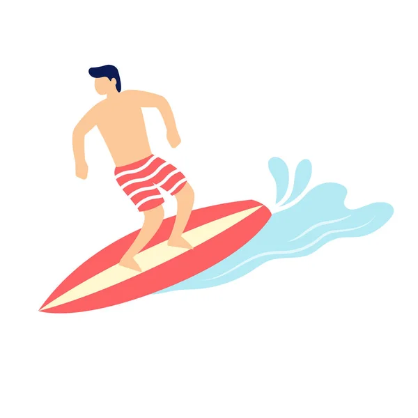 Surferjunge reitet auf einem Surfbrett, surft auf der Welle — Stockvektor