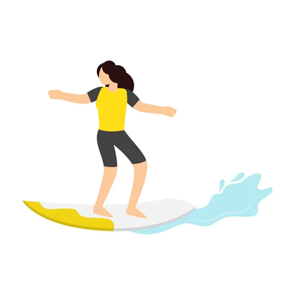 Surfermädchen reitet auf einem Surfbrett, surft auf der Welle — Stockvektor