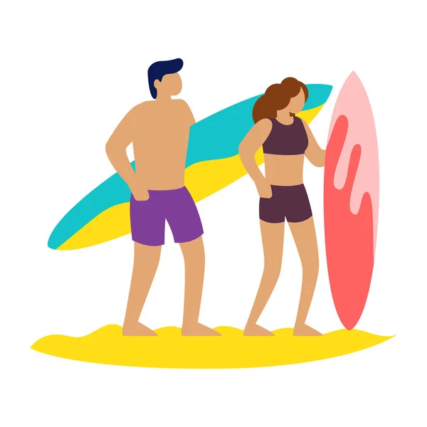 Amigos surfistas con tabla de surf hablando en la playa — Vector de stock