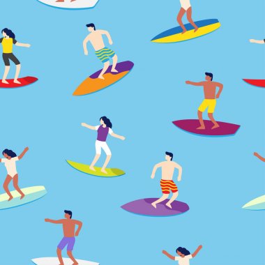 Deniz dalgaları sorunsuz desen sörf tahtaları üzerinde Sörfçüler. Vektör