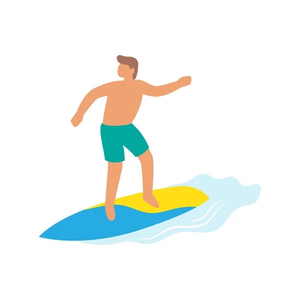 Surfista niño montar una tabla de surf, surf en ola — Vector de stock