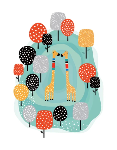 Żyrafa ilustracja kolor i drzewa — Wektor stockowy