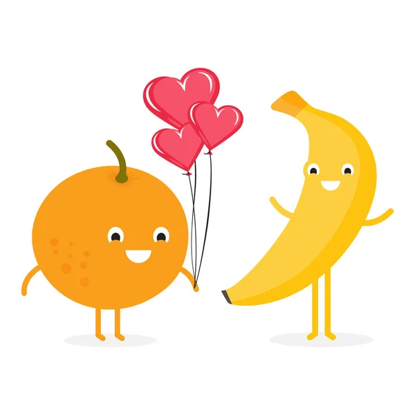 Funny cartoon couples character banana and orange. — Stock Vector