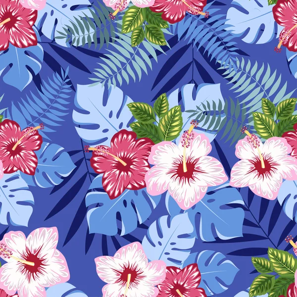 Modèle d'hibiscus et de feuilles tropicales — Image vectorielle