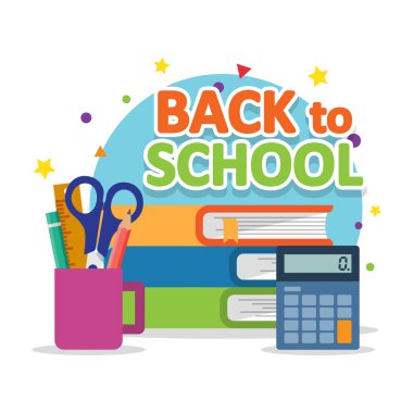 Hesap makinesi ve okul malzemeleri ile kazık ders kitapları