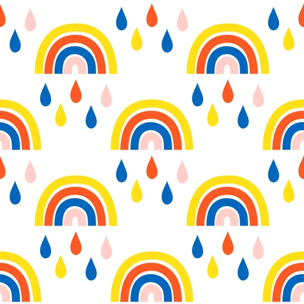 Patrón sin costuras con arco iris lindo y gotas de lluvia — Vector de stock