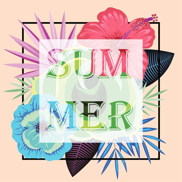 Frame met slogan zomer op de tropische bladeren en bloemen — Stockvector