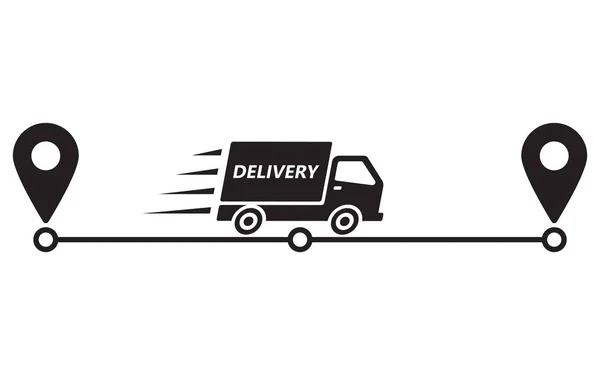 Servicio de entrega. Camión y punteros en camino — Vector de stock