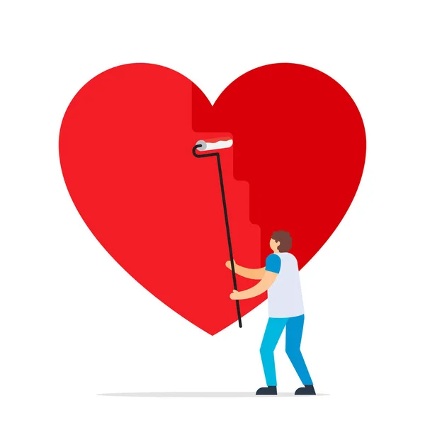 Artista que pinta corazones enormes. Tarjeta San Valentín — Vector de stock