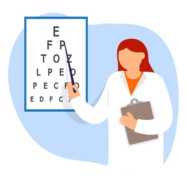Doctor oculist pointing letters at eye chart — Stock Vector