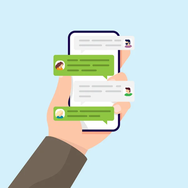 Hand holding phone with messages and group chat concept — Stockvector