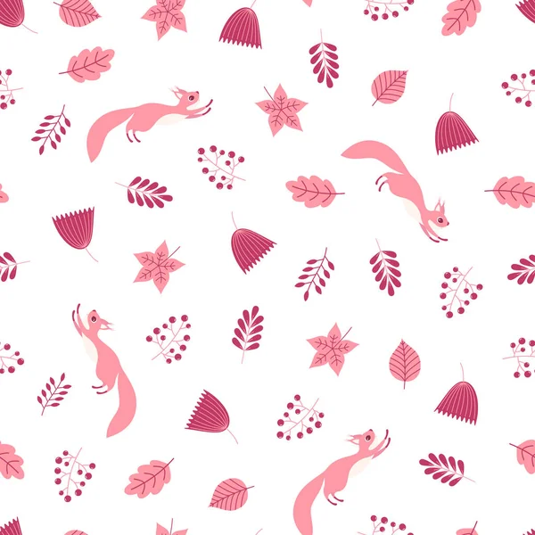 Nahtloses Muster mit Eichhörnchen, Blättern und Zweigen in rosa Farben — Stockvektor