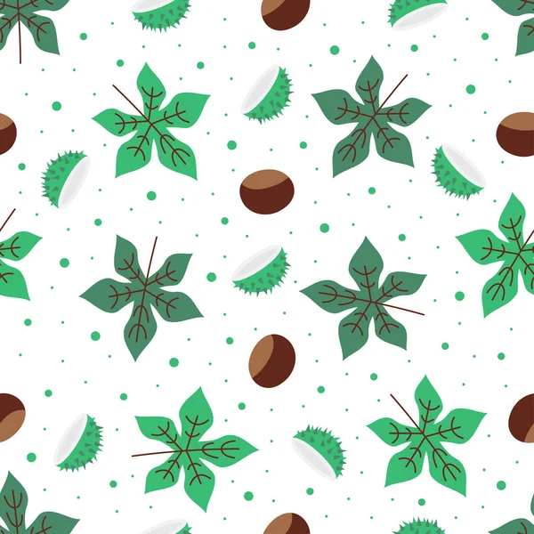 Patrón sin costuras con hojas de castaño verde y nueces — Vector de stock