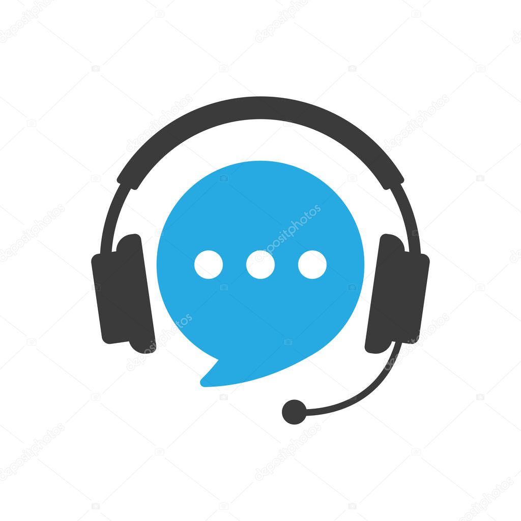 Speech bubble with headphones. Support customer service, hotline, call center. Vector illustration isolated on white background.