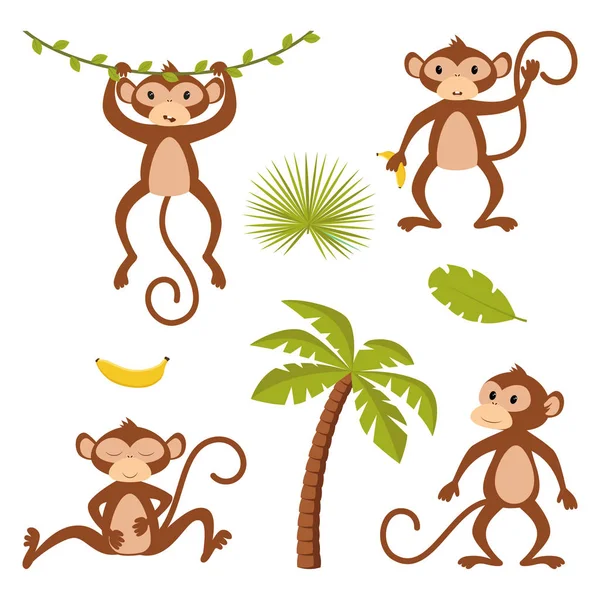 Conjunto de macaco isolado com plantas — Vetor de Stock