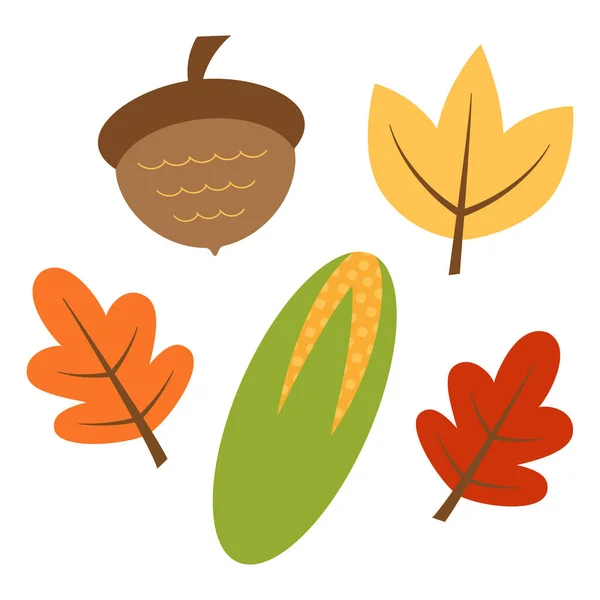 Conjunto de otoño de hojas y maíz — Vector de stock