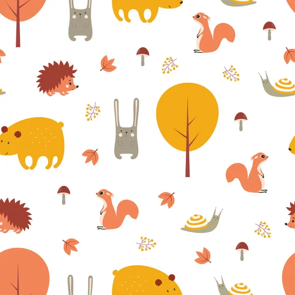 Herbst Wald nahtlose Muster mit niedlichen Tieren — Stockvektor