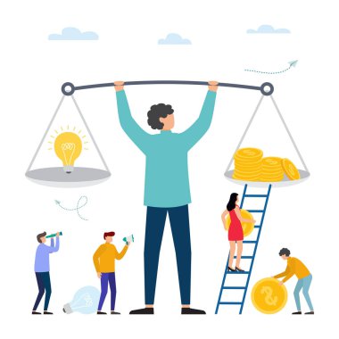 İşadamı elinde ampul ve altın sikkelerle dambıllar tutuyor.