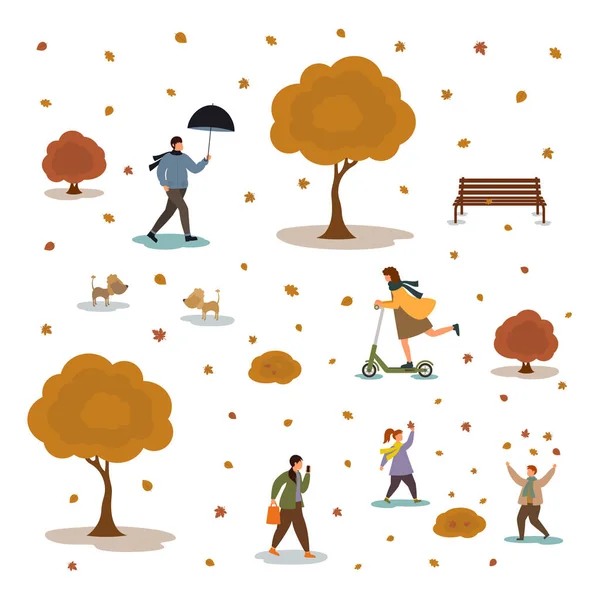 Autumn set of people in park — Stock Vector