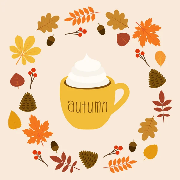 Hallo Herbst Tasse Kaffee Blätter auf dem flachen Hintergrund — Stockvektor