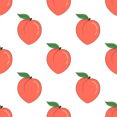 Beyaz arkaplanda izole edilmiş karikatür şeftalilerinin vektörsüz deseni