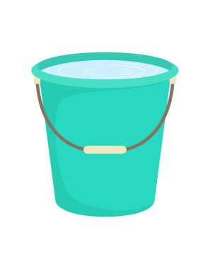 su dolu yeşil plastik kova, beyaz arkaplanda izole edilmiş düz vektör çizimi, ev temizlik için ev aletleri ve ekipman öğesi