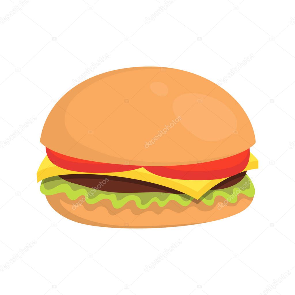 cheeseburger with meat, lettuce, and tomato, cartoon fast food, vector isolated illustration