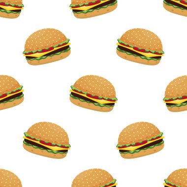 Beyaz arka planda hamburgerli kusursuz vektör deseni, vektör çizimi fast food