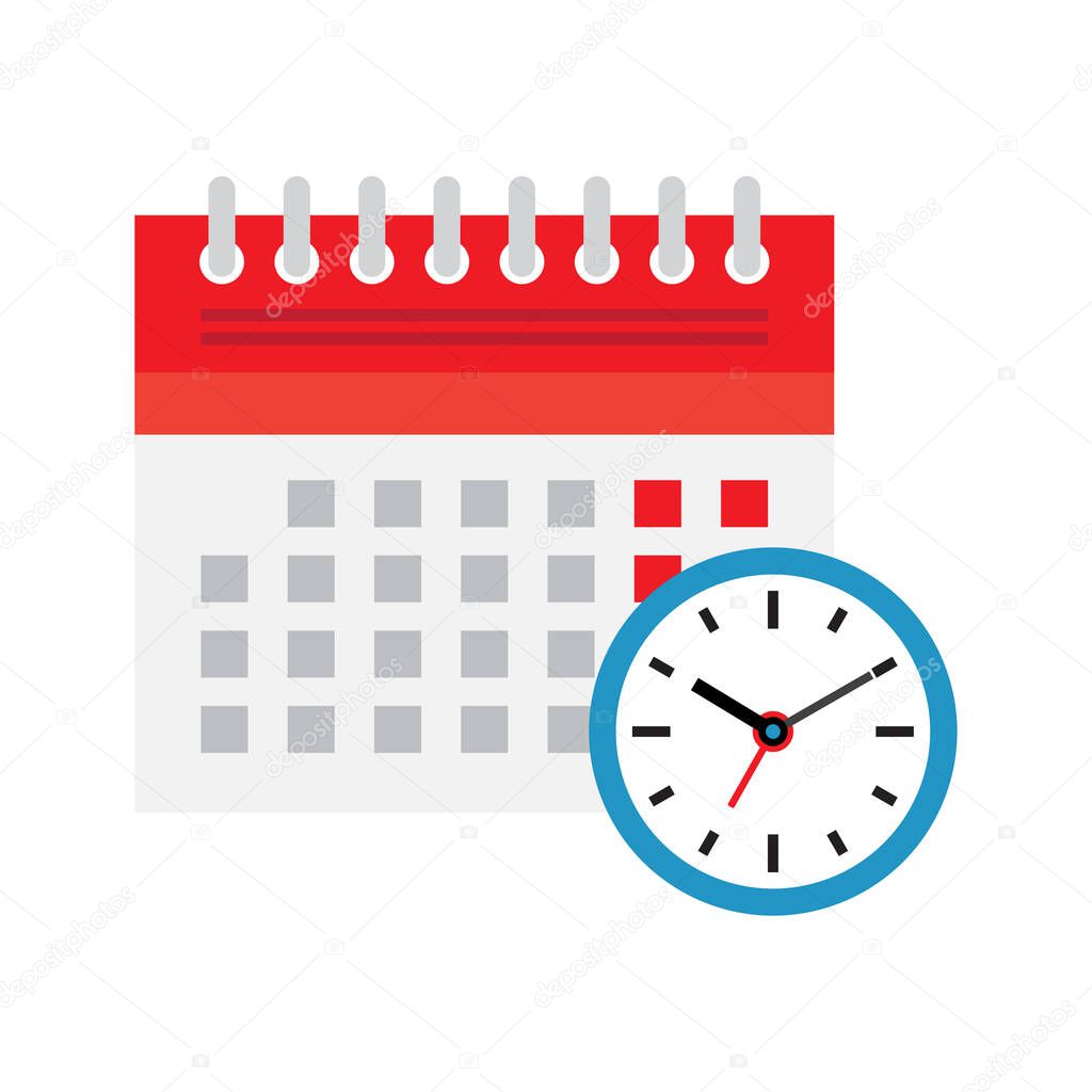 Calendar schedule and clock icon. Organizer, timesheet, time management, important date concept. Isolated on white background. Vector Illustration
