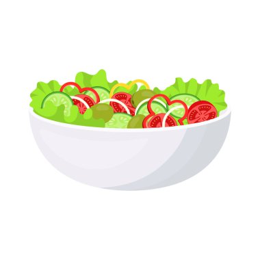 Beyaz arka planda izole edilmiş sebze salatası, taze yeşil salata yaprakları, domates, soğan, zeytin, biber ve salatalık dilimleri karikatür düz düz stil, sağlıklı organik gıda.