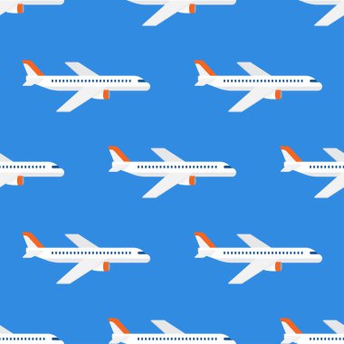 Uçağın uçuşu kusursuz. Seyahat için uçakların arka planı. Havalandırmalı duvar kâğıdı. Vektör illüstrasyonu.